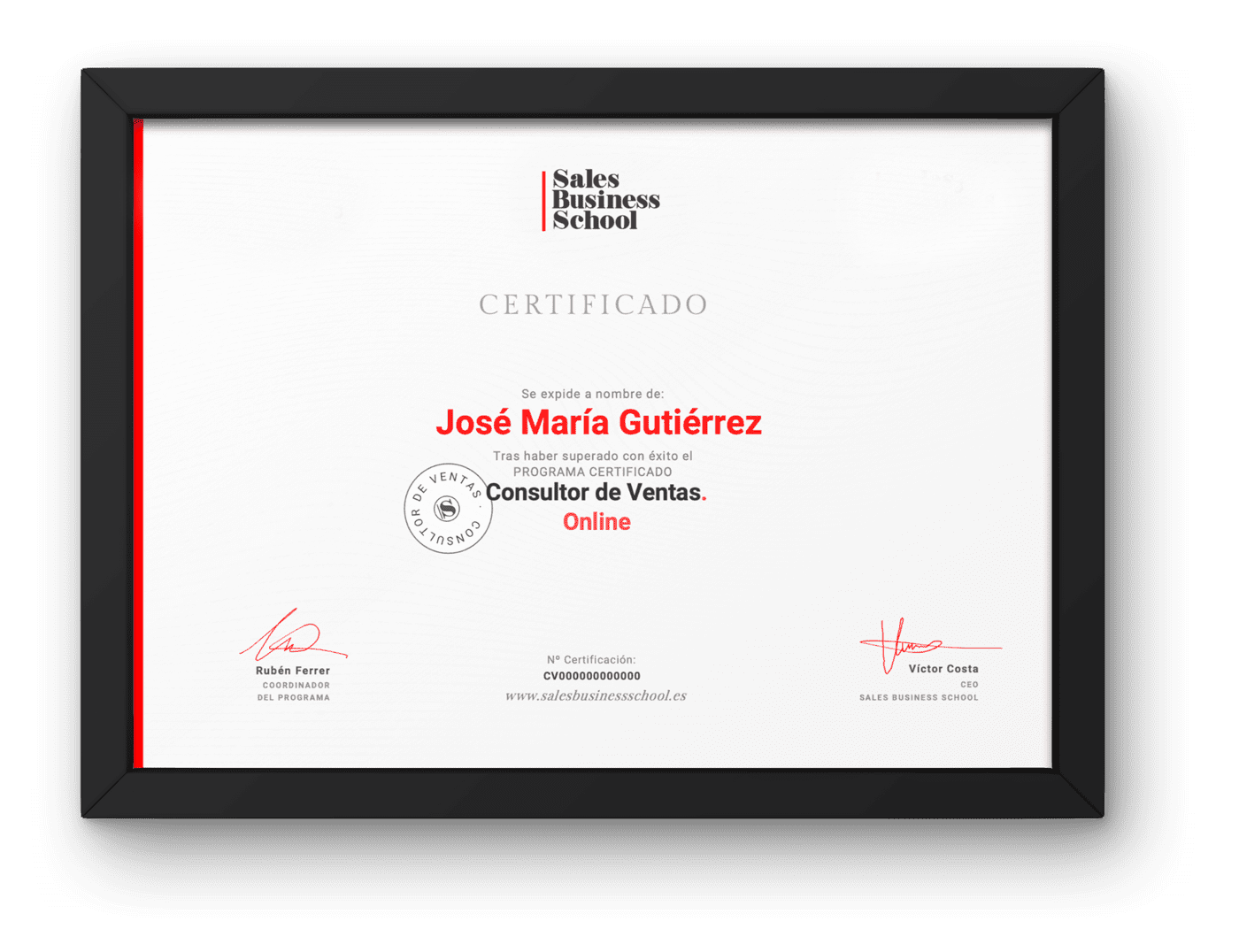 Certificado oficial del Programa Consultor de Ventas Online
